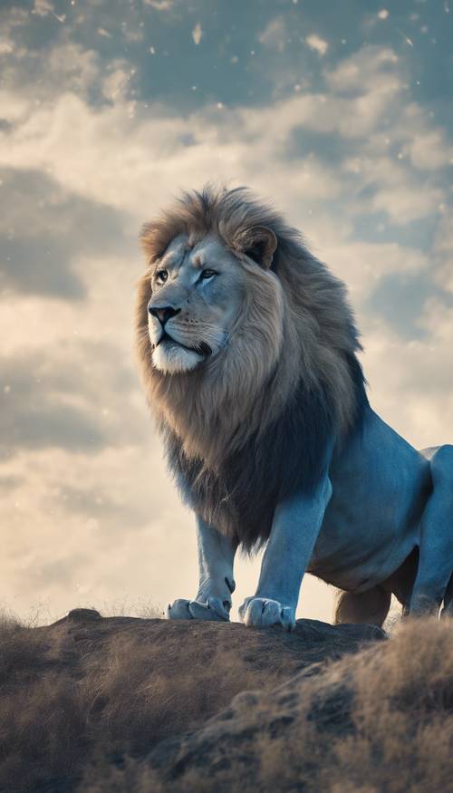 A majestic blue lion standing proudly on a hill under the clear sky. Tapet [111b447963974b83993e]