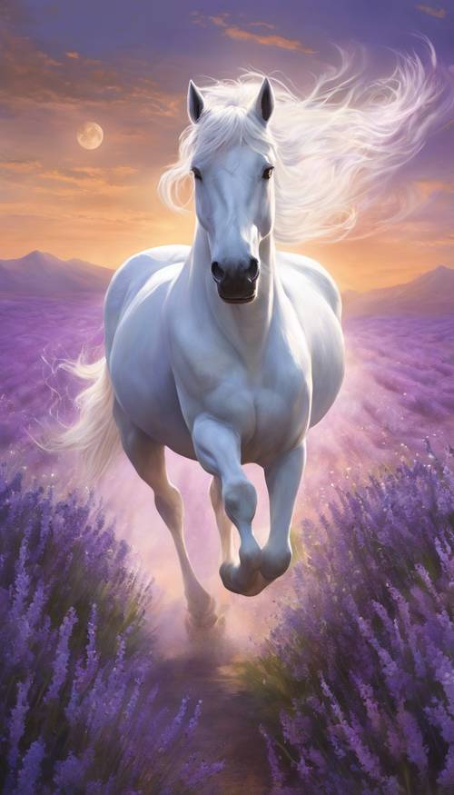 A gracefully galloping white unicorn, magical dust trailing in its path, on a field of blooming lavender under the soft light of a full moon.
