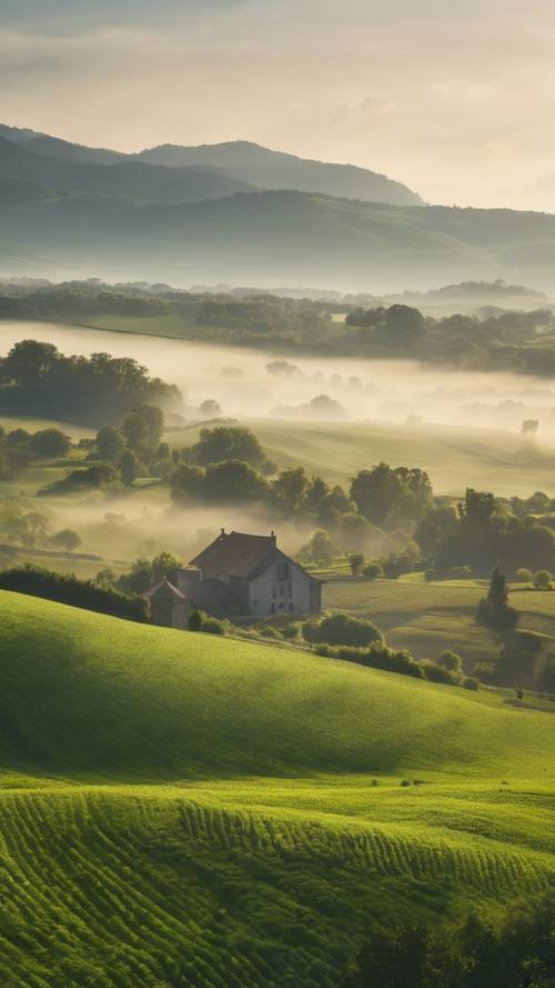 Early morning fog rolling over lush green French country farmlands with distant mountains in the backdrop.