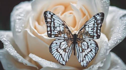 近距离拍摄蝴蝶翅膀，其图案与盛开的白玫瑰相同。