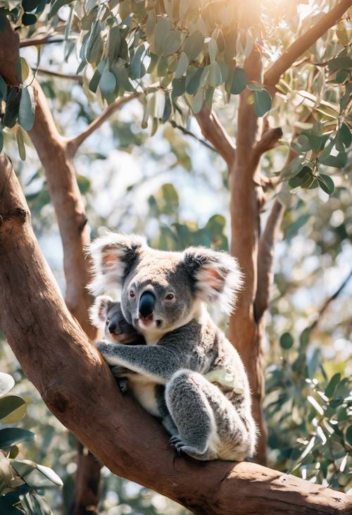 A motherly tan koala cradling her baby in a leafy eucalyptus tree under the Australian sun.