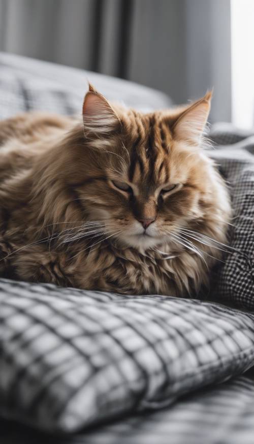 A fluffy cat sleeping on a gray plaid cushion.