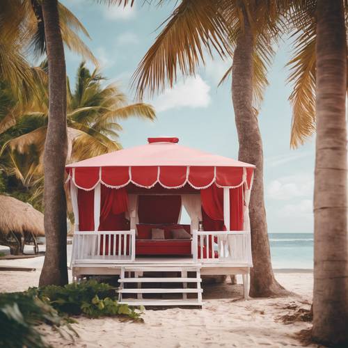 热带海滩上，有一间带白色窗帘的淡红色小屋。