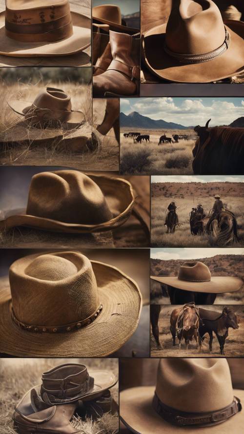 Western collage including vivid images of cowboy hats, old boots, and antique photos of the cattle drives of the old west. Tapeta [503f0aa2127e4f69b33b]