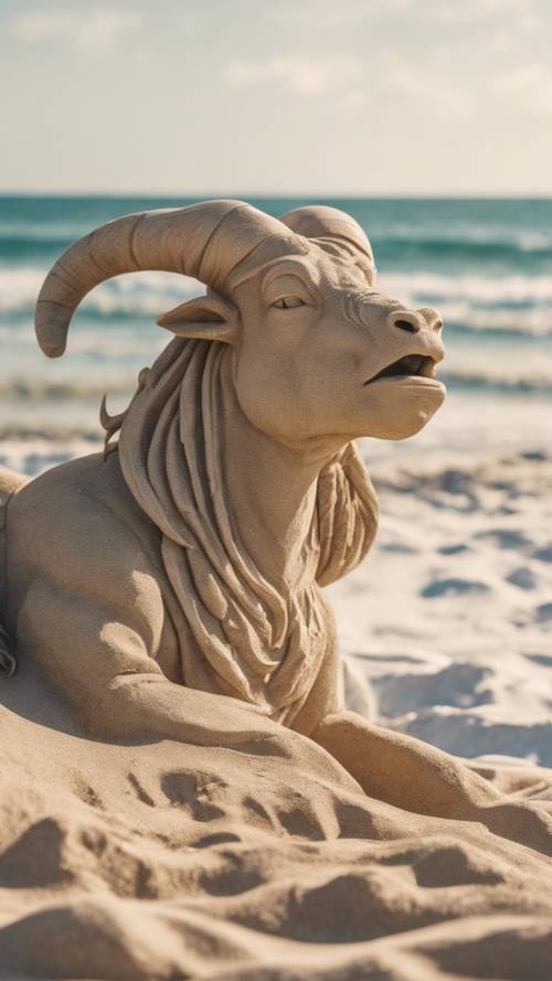 Piaszczysta rzeźba Koziorożca umiejętnie wyrzeźbiona na ruchliwej letniej plaży.