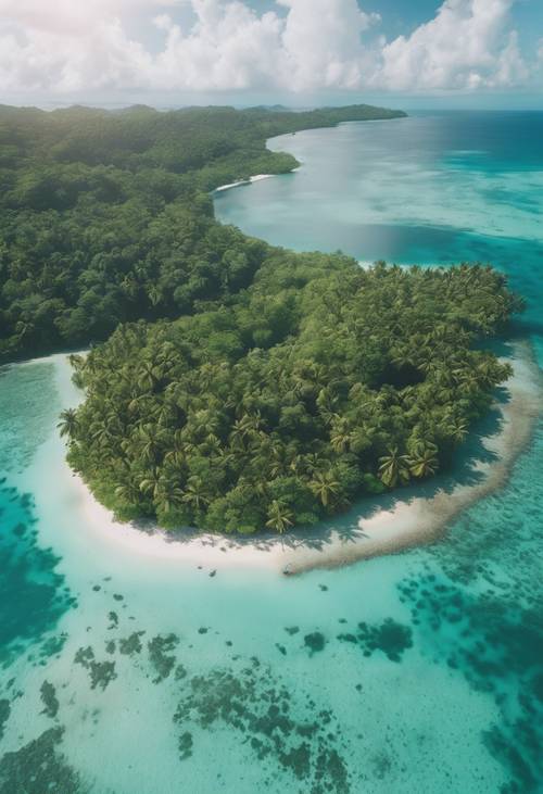 A breathtaking aerial view of a green tropical island surrounded by turquoise waters under the midday sun.