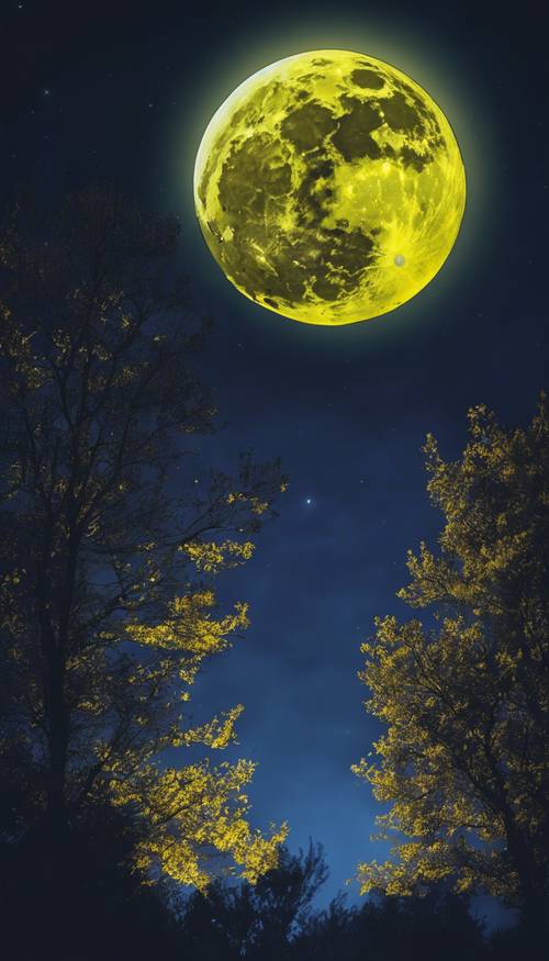 Una luna piena giallo neon sospesa brillantemente in un incantevole cielo blu notte.