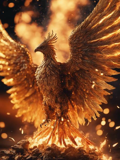 Feniks powstający wspaniale ze stosu złotych żarów, z szeroko rozpostartymi magicznymi, płonącymi skrzydłami.