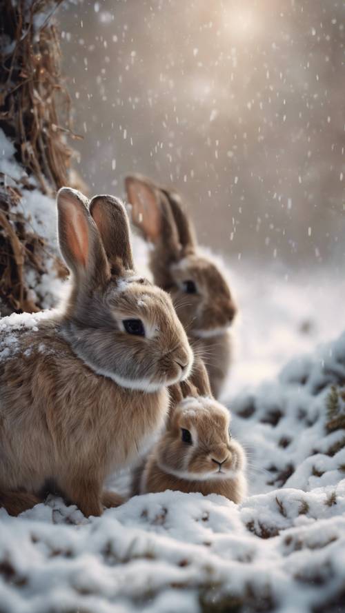 A family of rabbits quietly nestled together in their warm burrow during a snowstorm.