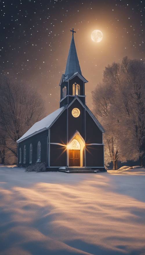 Una tranquilla scena invernale con una piccola chiesa di campagna, le finestre illuminate da una luce calda e le stelle che scintillano nel cielo.