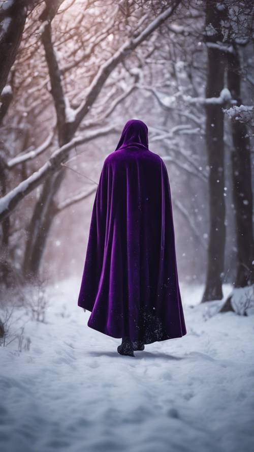 一个身着奢华深紫色天鹅绒斗篷的人物行走在白雪皑皑的景观中。