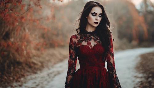 길고 흐르는 듯한 검은색과 빨간색의 레이스 드레스를 입은 아름다운 고딕 여성, 그녀의 눈은 불타오르는 듯한 붉은색입니다.