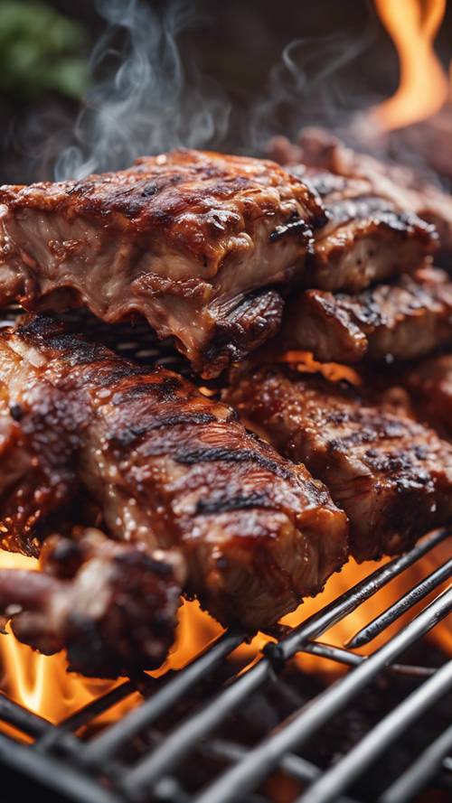 Barbecue grill with savory ribs enveloped in a flavorful cloud of smoke.