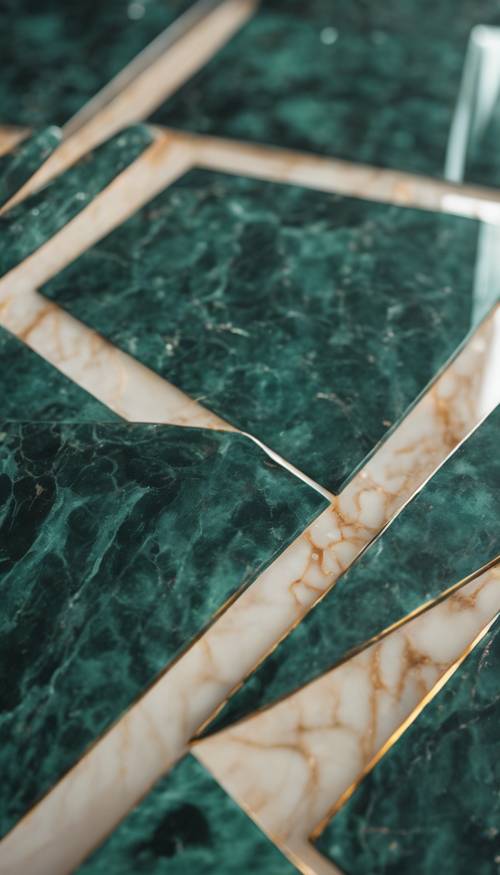 Un plateau de table en marbre vert foncé poli reflétant une lumière douce.