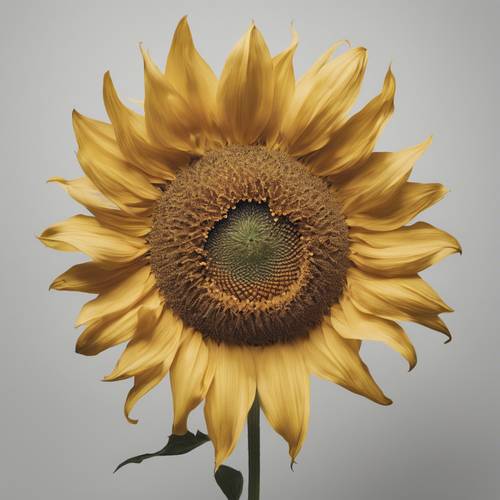 Eine Draufsicht auf eine symmetrische Sonnenblume, deren üppige gelbe Blütenblätter sich fächerartig von der braunen Mitte vor einem strahlend weißen Hintergrund ausbreiten.