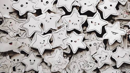 Beraneka ragam stiker kawaii putih berbentuk bintang dengan wajah bahagia.