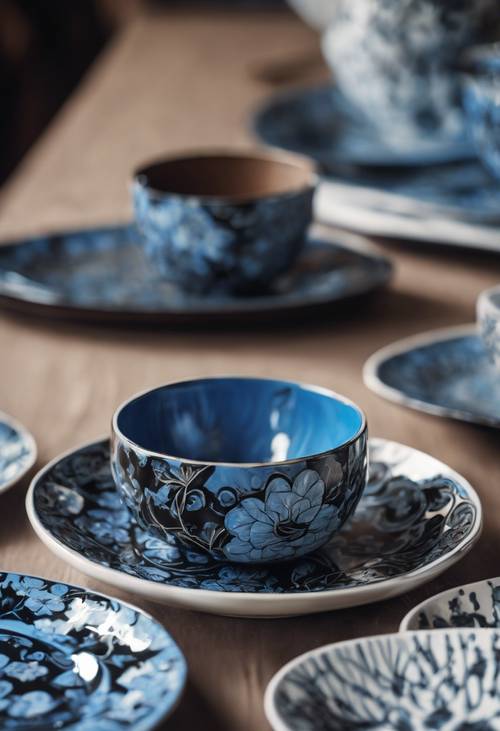 Ein interessantes schwarz-blaues Blumenmuster auf Keramikgeschirr.