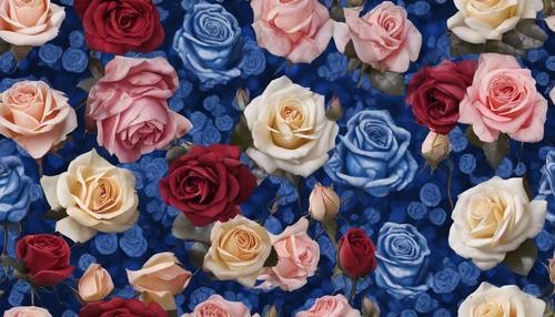 Tiled mosaic of different varieties of vintage roses set against a cobalt blue background.