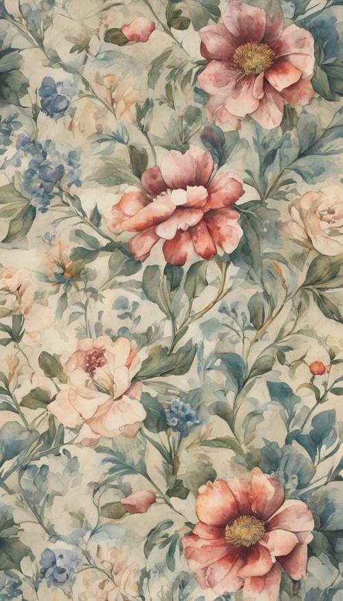 A watercolor painting of antique floral wallpaper found in an old English cottage.