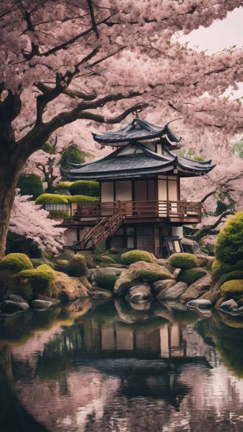 A traditional teahouse nestled in the heart of a Japanese garden during sakura blossom.