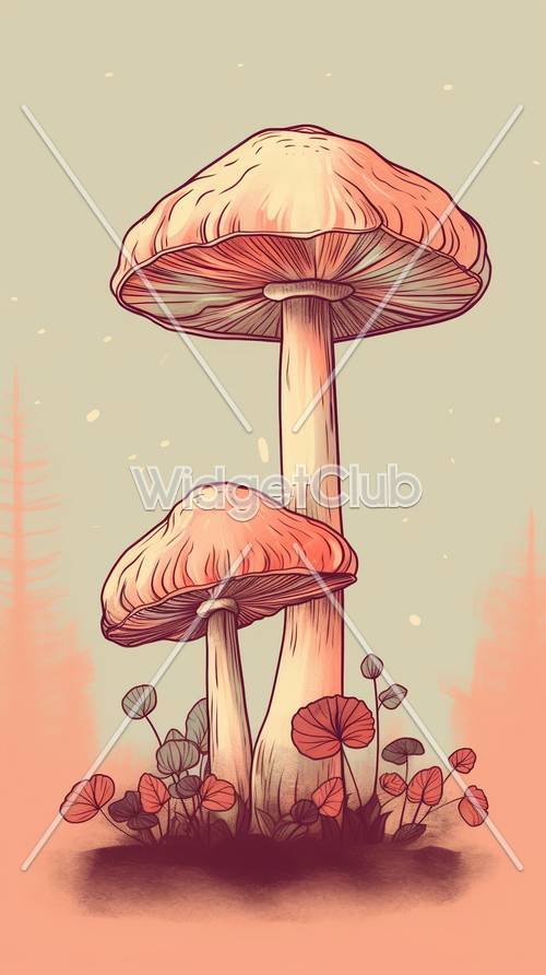 Cogumelos coloridos em uma floresta mágica