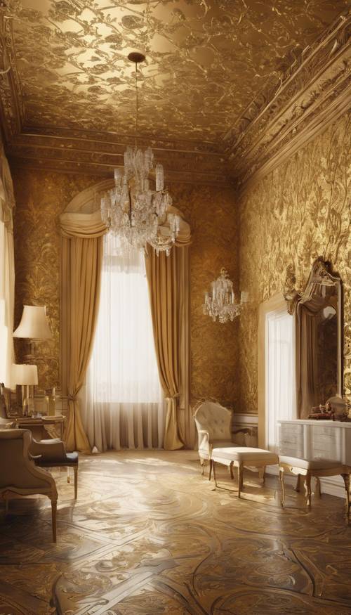 Una lujosa habitación con paredes revestidas con papel tapiz de damasco dorado.