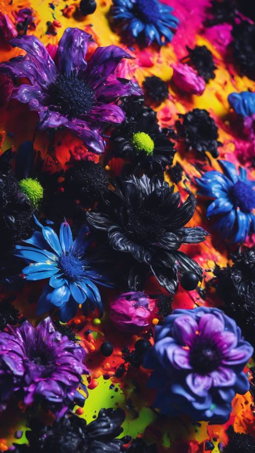 A collection of various black flowers submerged in a chaotic tangle of fluorescent paint, creating a surreal image. Tapeta [c9d72aef258144cf807b]