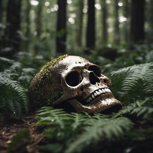 A partially decomposed glitter skull lying in a dense forest with ferns surrounding it. Tapet [dfaf4d452f8649d0b01e]