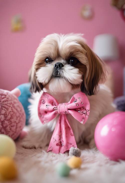一只鲜艳的粉红色西施犬，戴着可爱的蝴蝶结，在儿童房里玩着玩具。