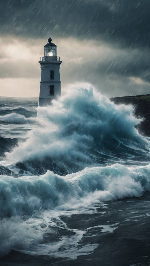 A ferocious blue storm wave crashing against a lighthouse