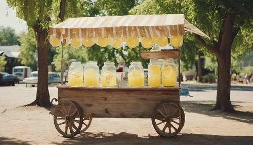 An old fashioned lemonade stand in the middle of a hot summer day, filled with glass pitchers of lemonade.
