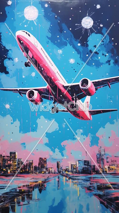 都会の空を飛ぶカラフルな飛行機の壁紙