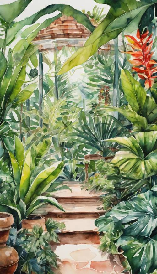 Un dipinto ad acquerello vibrante e botanicamente accurato di un lussureggiante giardino tropicale.