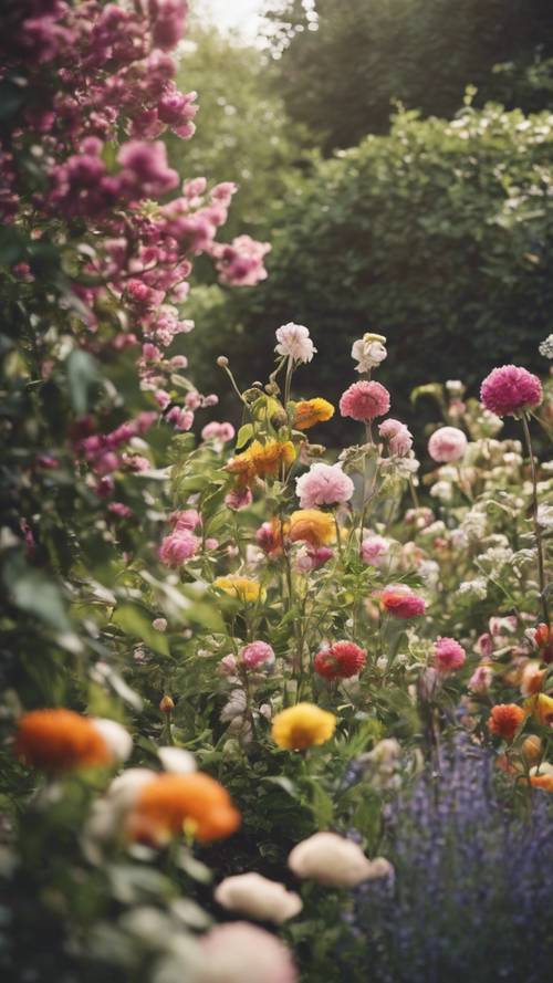 昔ながらの庭の壁紙：様々な花が咲き誇る景色