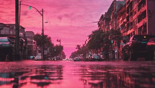 Một hoàng hôn hồng rực rỡ, phản chiếu trên những con đường thành phố ẩm ướt sau cơn mưa rào.
