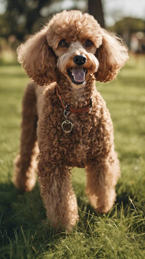 Um poodle marrom claro formal brincando em um campo de grama verde durante uma tarde ensolarada.