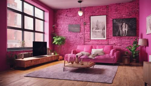 Современная квартира-лофт из ярко-розового кирпича с просторной гостиной.