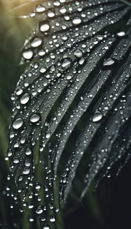 Black palm leaf covered with morning dew drops.