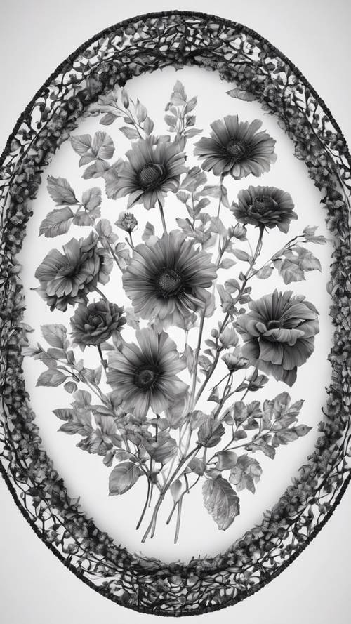 Uno squisito schizzo monocromatico di fiori neri intrecciati in modo intricato in una corona ovale.