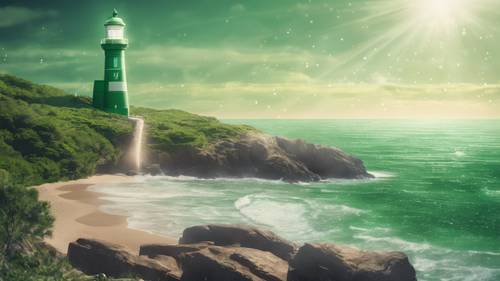 An illustration of a green seaside lighthouse, with a guiding light revealing a quote about guidance. Tapeta [24d2da931b0a4ecebc28]