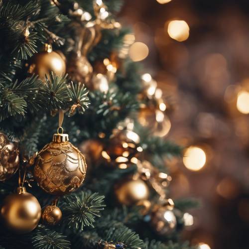 A tasteful Christmas tree adorned with handmade, brown and gold ornaments.