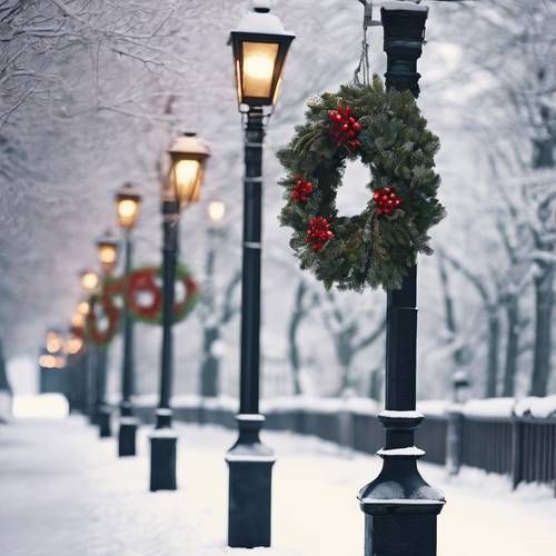 A picturesque snow-covered country road with Christmas wreaths hung on each lamppost.