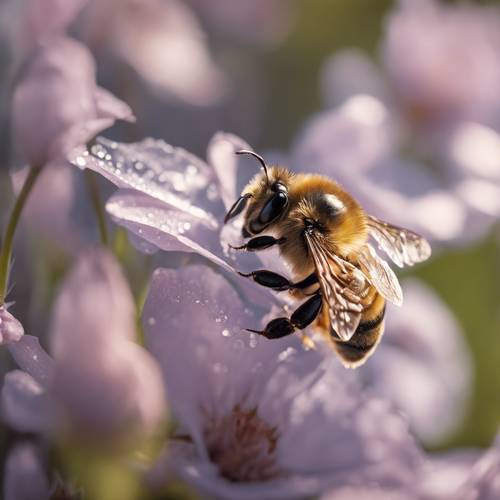 Una abeja delicadamente posada sobre pétalos bañados por el rocío bajo la suave luz de la mañana.