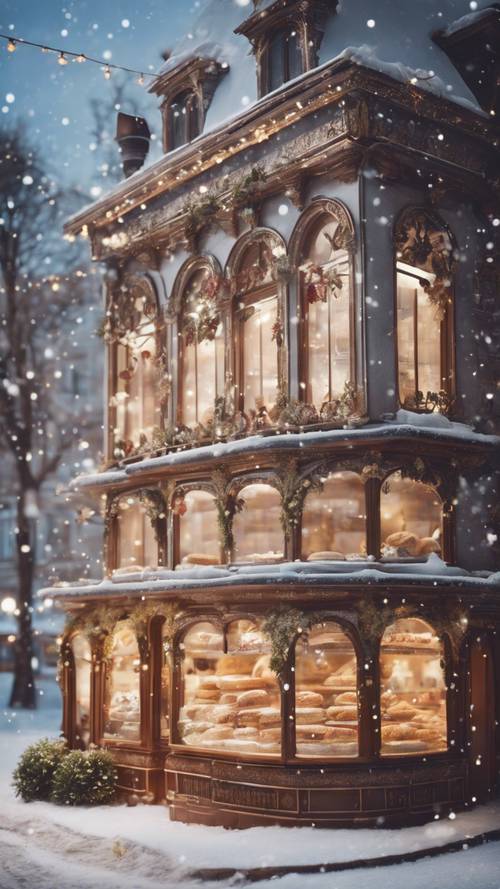 一家装饰华丽的节日风格面包店，窗户上覆盖着雪花。