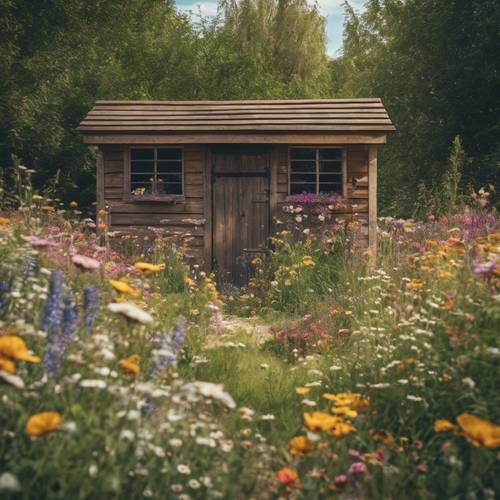 Una rustica casetta da giardino in legno circondata da un tripudio di fiori selvatici.