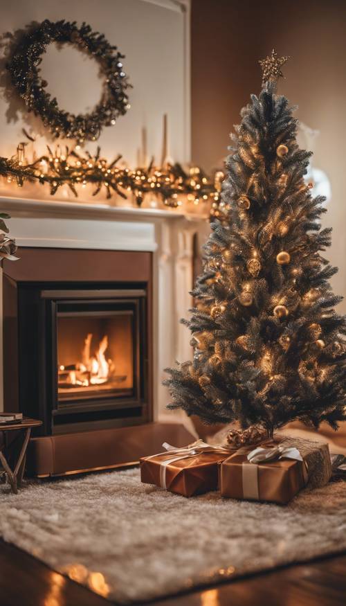 Una moderna escena de sala de estar navideña con sofá de cuero marrón, chimenea y un gran árbol de Navidad.