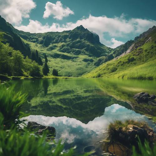 Un lago de montaña escondido acunado en un exuberante valle verde.