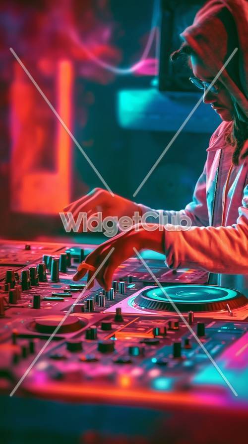 DJ in azione ad una festa illuminata al neon
