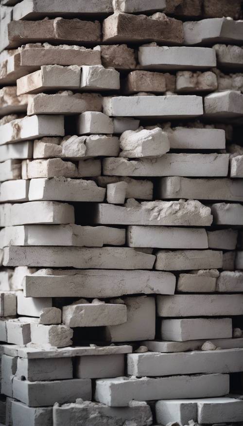 Uma pilha de tijolos escuros com cimento branco no meio de um canteiro de obras.