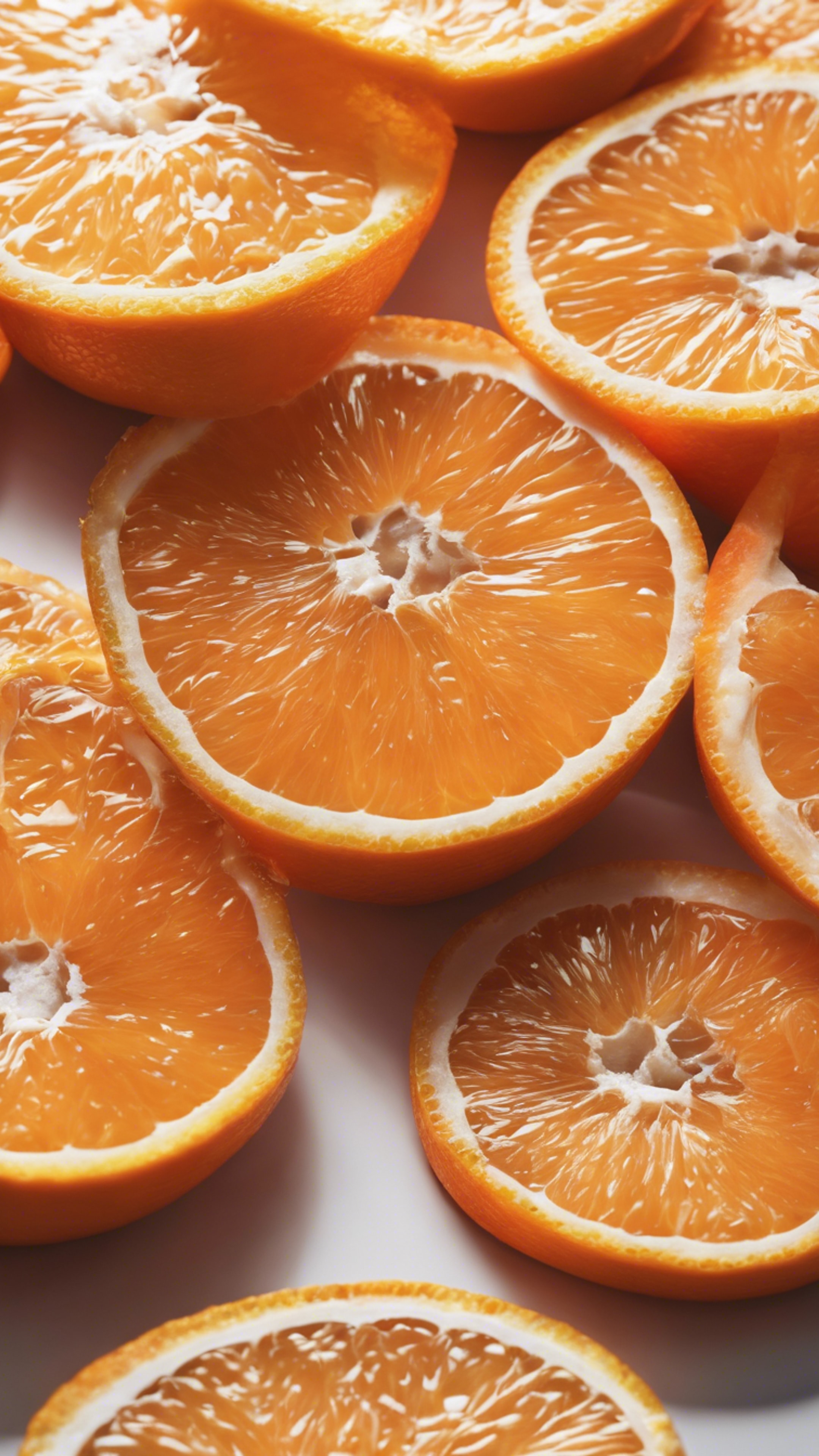 Close-up shot of a freshly peeled, juicy orange against a white background壁紙[a893bae934a644e696e2]